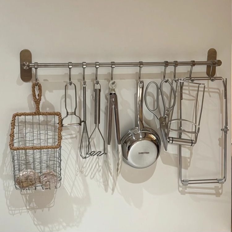 304 Stainless Steel Kitchen Hook Punch-Free Hanging Rod Wall-Mounted Storage Rack Nail-Free Single Rod Removable Row Hook
