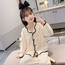 儿童纯棉睡衣女孩两件套麻花坑条套装2025秋季新款女童纯色家居服