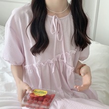 纯棉Korea夏季新款睡衣女连衣裙格子文艺大码可爱外穿学生家居服
