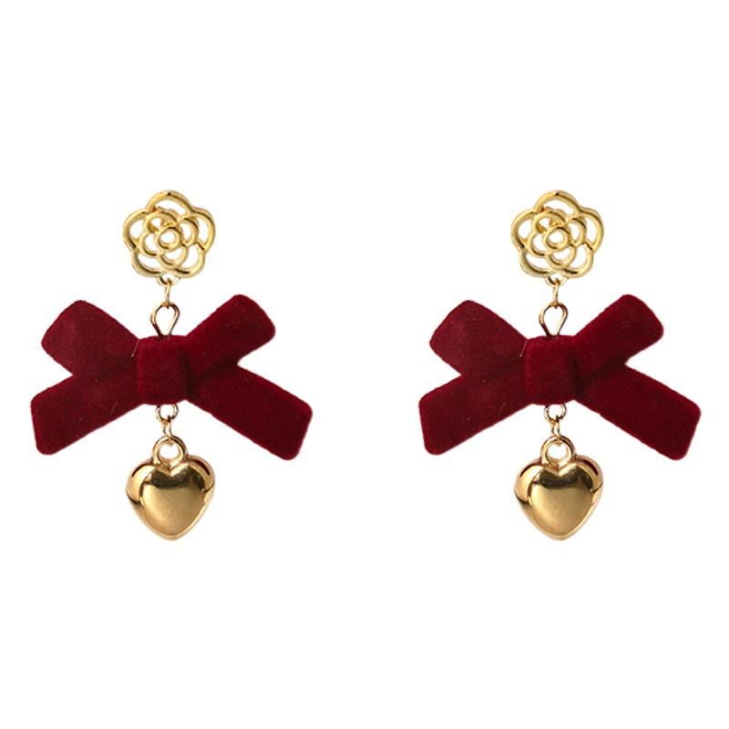 Otoño e Invierno 2023 arco rojo colgante flor encantadora Stud pendientes rojo suave plata aguja para las mujeres
