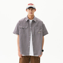夏季日系复古格子多口袋刺绣工装短袖衬衫男女宽松全棉五分袖衬衣