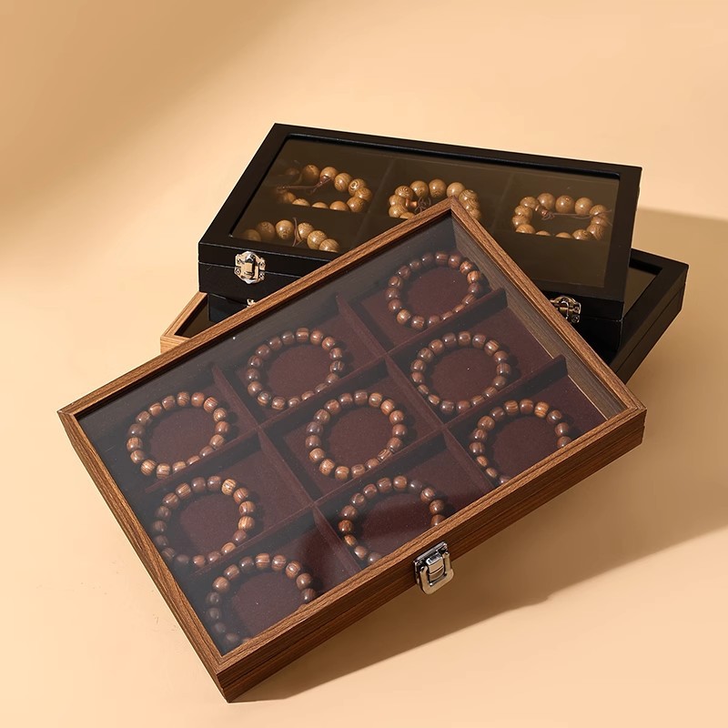Walnut Wood Grain Jewelry Box Bracelet Storage Box Buddhist Beads Bead Display High-End Crystal Jade Bracelet Bracelet Storage