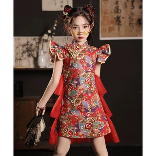 女童旗袍国潮风红色改良春秋新款儿童走秀潮服模特T台演出服夏季