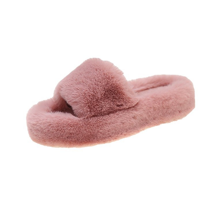 2023 new thick bottom one-word solid color foreign trade plus size fleece slippers flat bottom plush fur slippers casual fashion_voghion.com