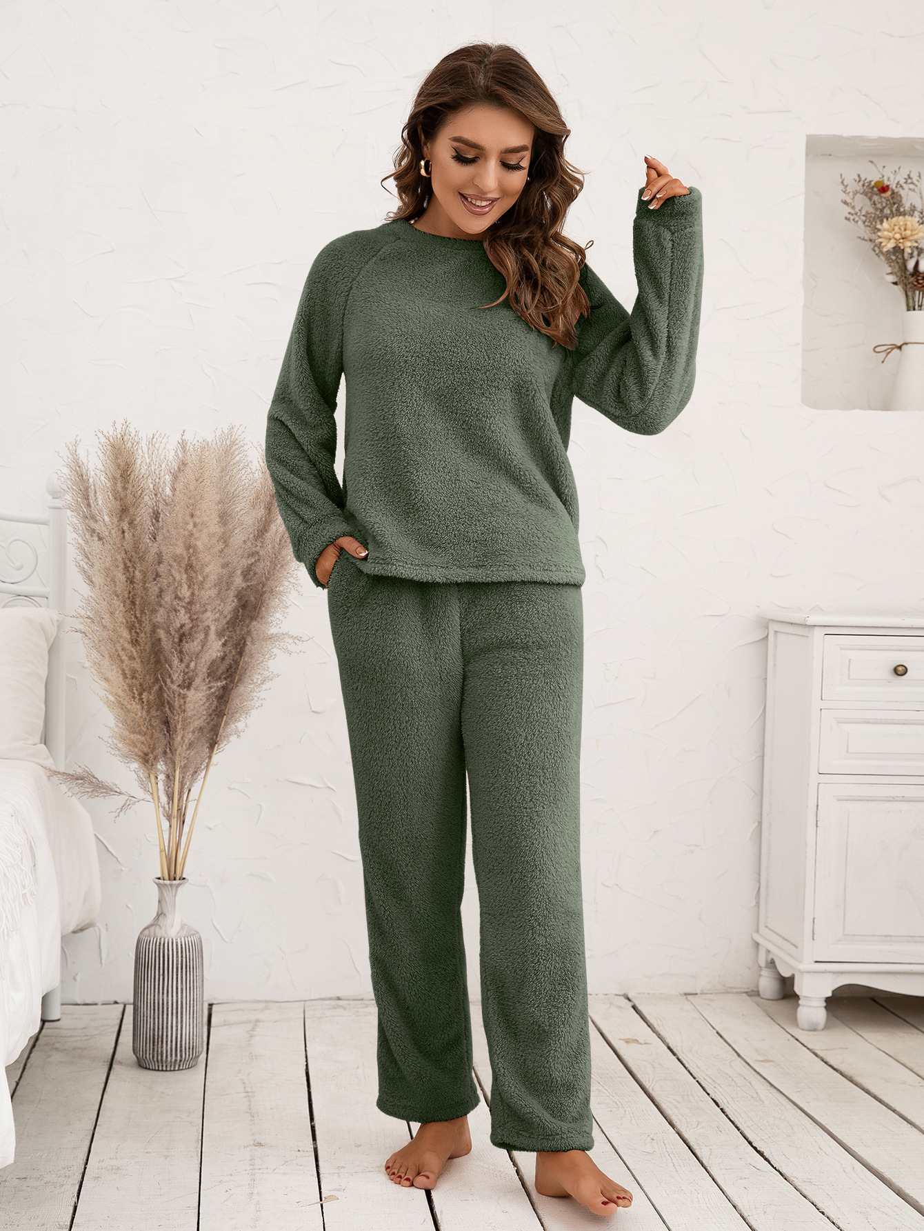 solid color loose double-sided plush hooded sweatshirt and pants two-piece homewear set NSYBL136700