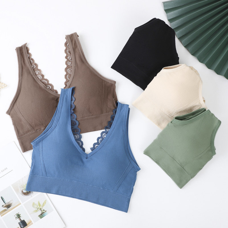 Correa de hombro ancha en forma de V encaje espalda envuelta en el pecho tubo superior látex sentido pecho pad inconsútil inalámbrico que basa el sujetador de la ropa interior para las mujeres