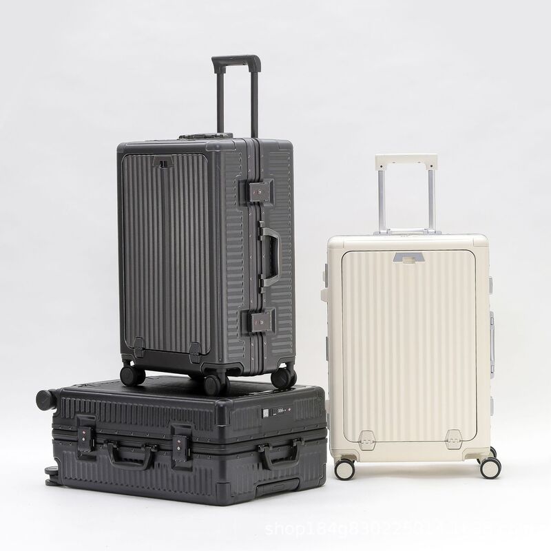 Front-Opening Aluminum Frame Suitcase, Large Capacity Multifunctional Portable Carry-On Luggage, Stylish Striped Trolley Suitcase
