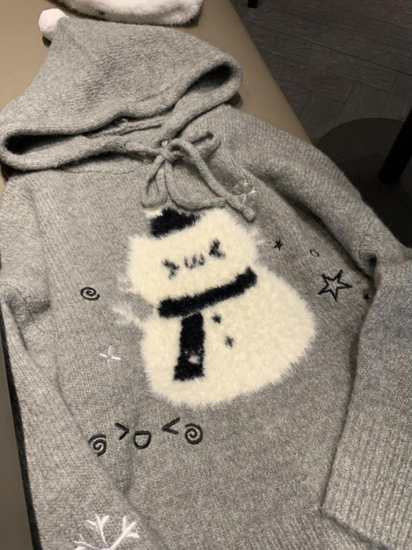 氛围感可爱宽松毛绒雪人连帽毛衣女秋冬软糯宽松慵懒风针织衫上衣|undefined