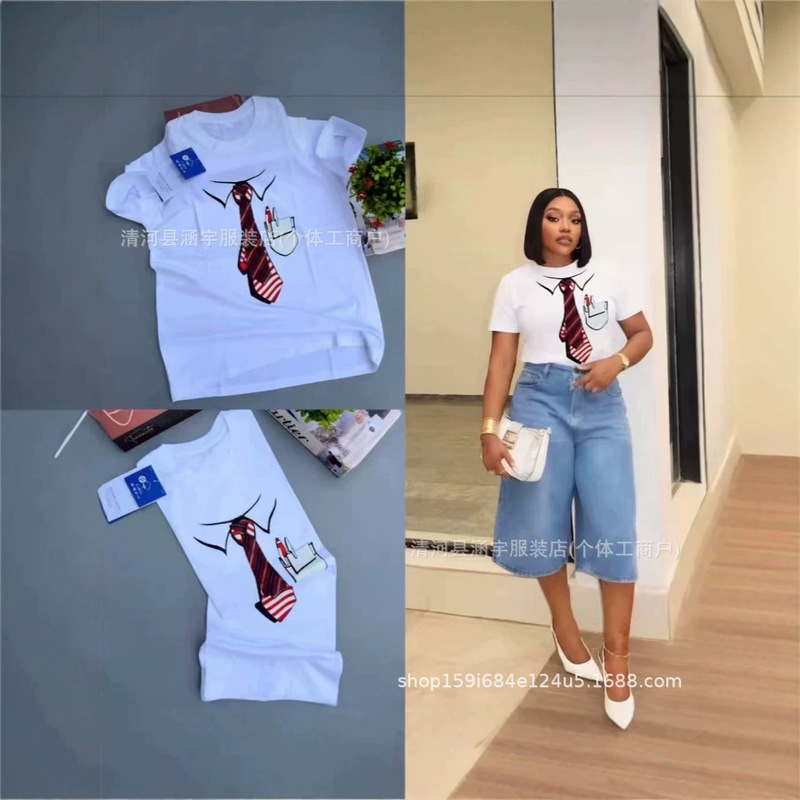Cross-border European and American style creative tie pocket printed white T-shirt for women, casual round neck short sleeve, Nairiya supply Cross-border European and American style creative tie pocket printed white T-shirt for women, casual round neck short sleeve, Nairiya supply