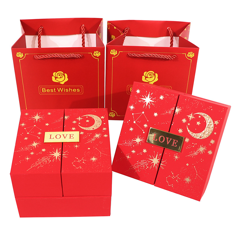 16 Roses in a Full Moon Double Box Gift Box, Red Jewelry Box, Versatile Packaging Box, Ready-Made Valentine's Day Gift Box