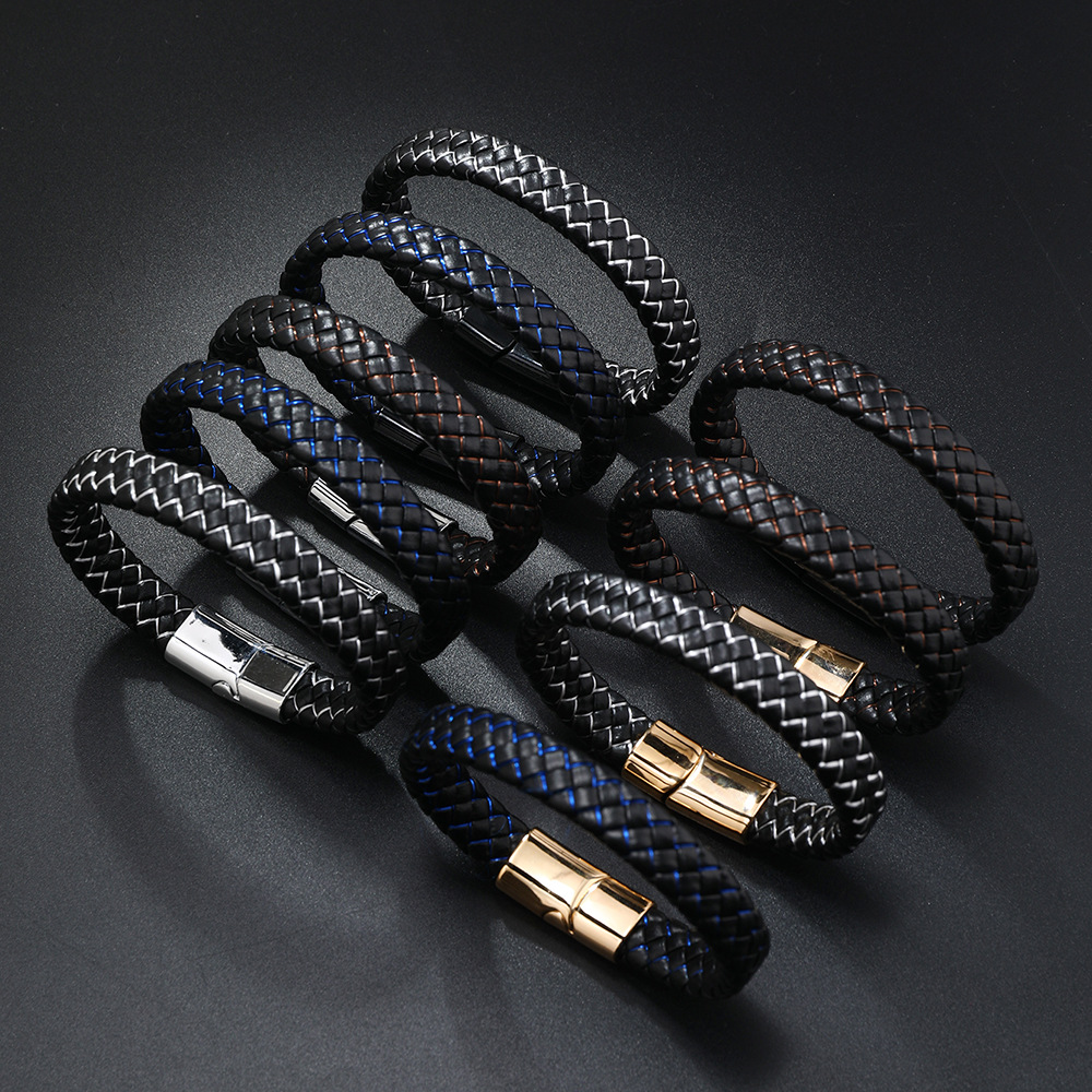 欧美时尚简约手链复古个性编织手镯男士服饰配饰精品磁扣手环皮编