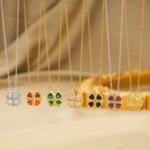 项链女 一款两戴爱心彩色锆石折叠开四叶花轻奢网红同款钛钢项链