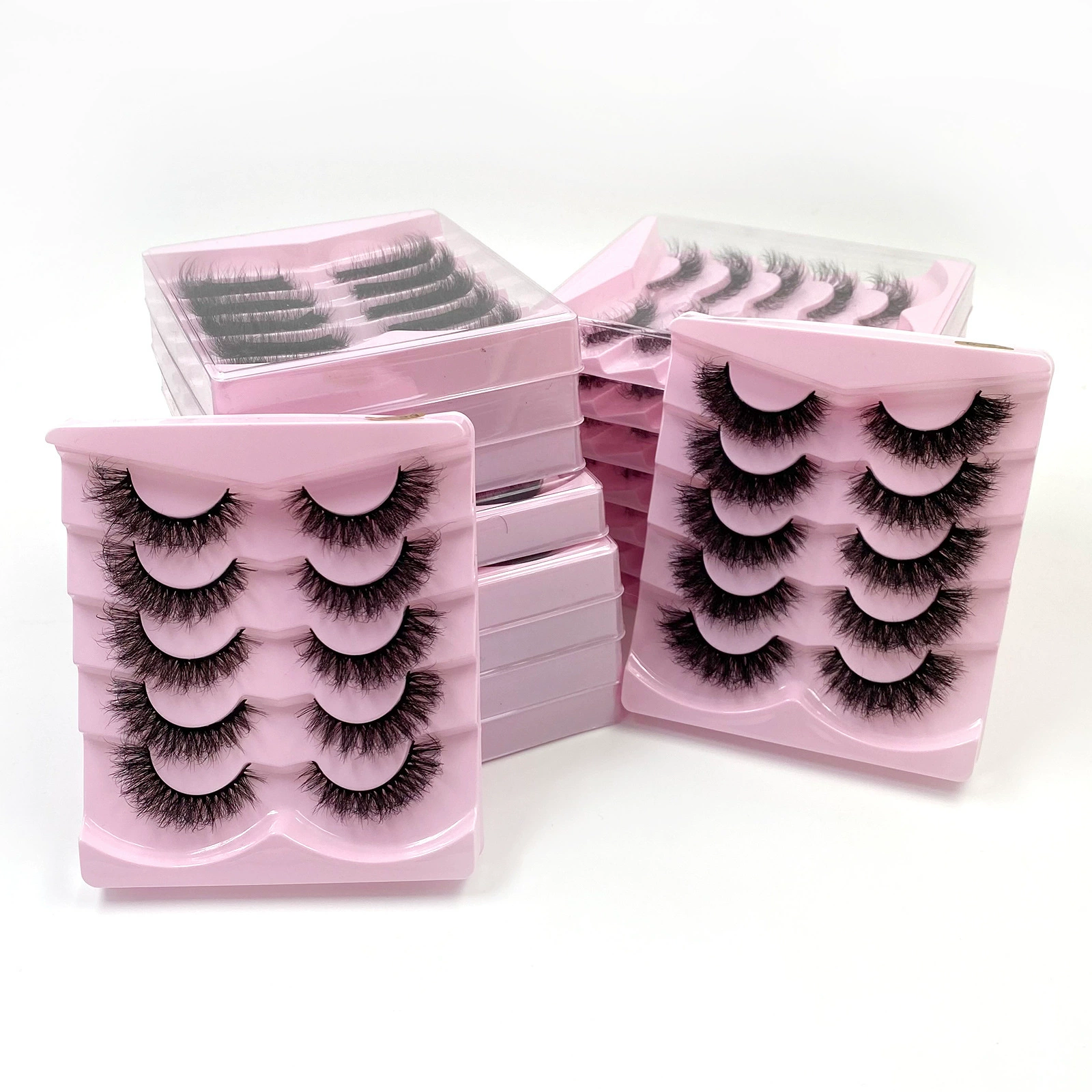 False eyelashes (Shein/Temu/Amazon) D21–D30, thick fluffy messy‑fur styles, multi‑pair trays