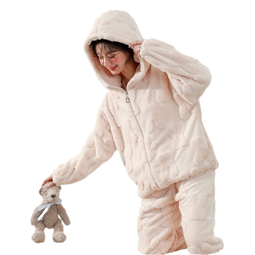 Al aire libre de las mujeres pijamas hombres Otoño e Invierno franela engrosada collar del soporte con capucha cremallera coral fleece Home wear traje