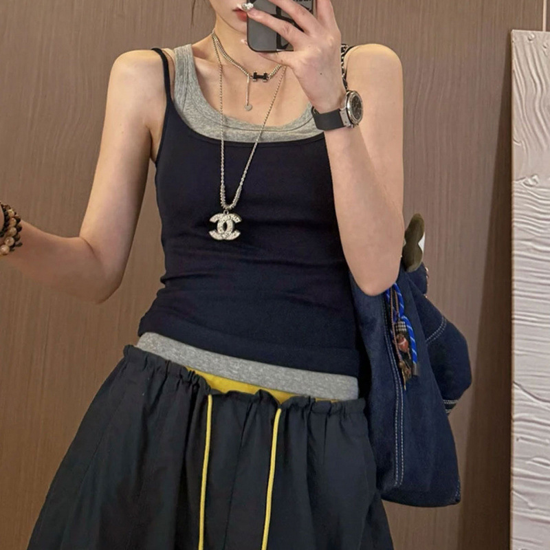 Sleeveless Faux Two-Piece Camisole Top, Korean Style Color-Blocking, Slim-Fit, Flattering, Summer Outerwear for Women, Hot Girl Outfit