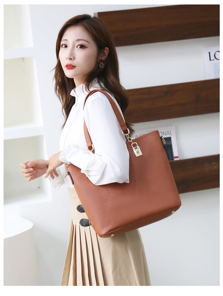 Polyester Lining Material Women's Medium Pu Leather Solid Color Vintage Style Streetwear Bucket Zipper Bag Sets