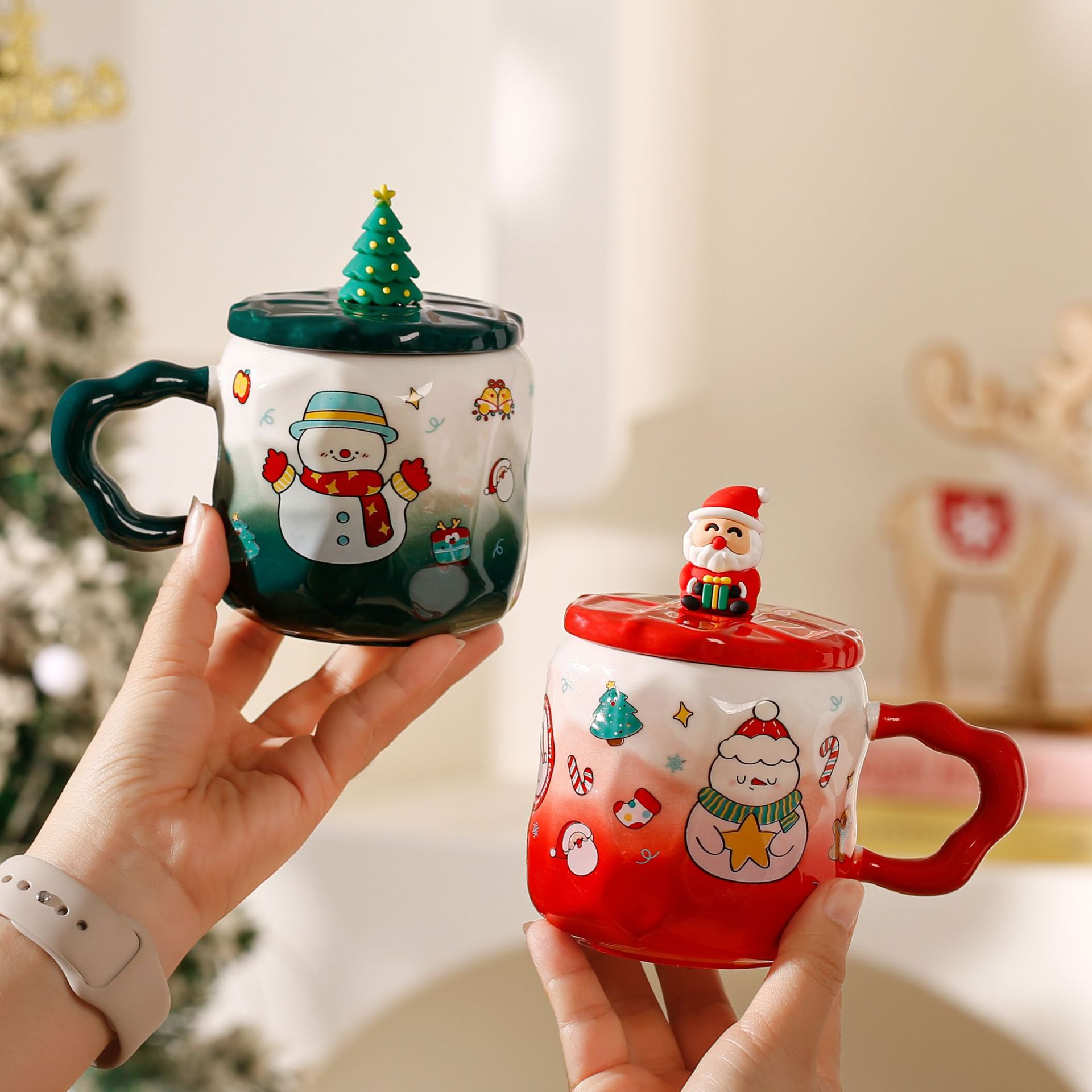 Taza de cerámica navideña transfronteriza Taza de café con tema navideño Taza de elemento navideño verde rojo Comercio electrónico transfronterizo al por mayor