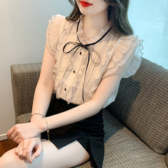 パフスリーブ半袖シフォンシャツ女性のための夏の新しいファッションレースアップ水玉模様の弓多用途トップトレンディ