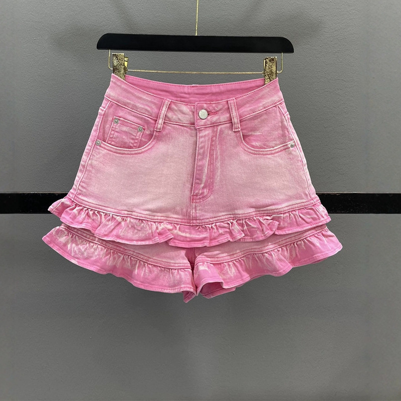 Pink Sweet Cool Spicy Girl Ruffle Denim Shorts Women 2025 Summer Age-Reducing High-Waisted Slimming A-Line Wide-Leg Hot Pants