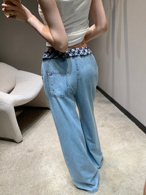 miu スプライスレースジーンズ、夏用通気性ワイドレッグパンツ、ファッショナブルでカジュアル、多用途、快適なストレートパンツ|undefined