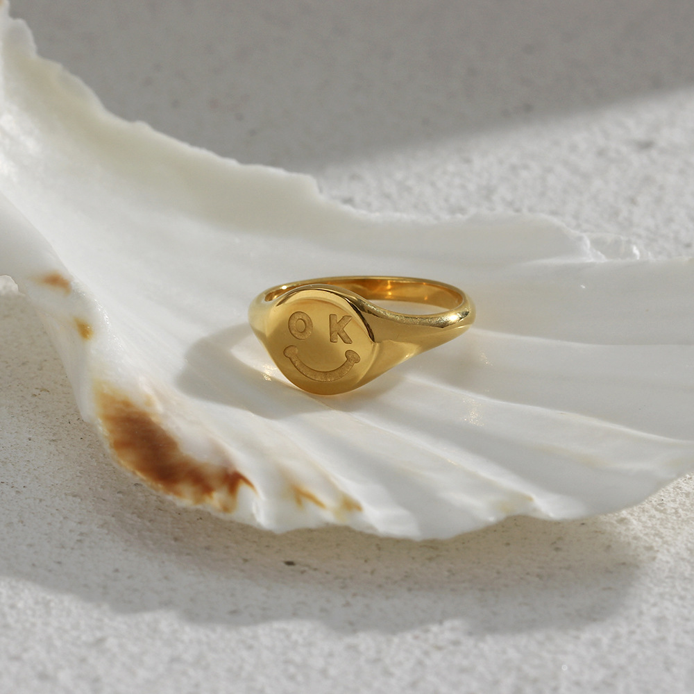 Fashion OK Smiley Facial Expression Gold round Cute Stainless Steel Ring