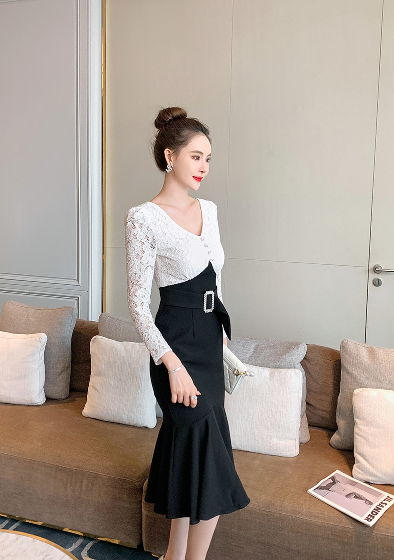 Đầm ôm body nữ cổ chữ V ren đuôi cá — Đen trắng chi tiết 13