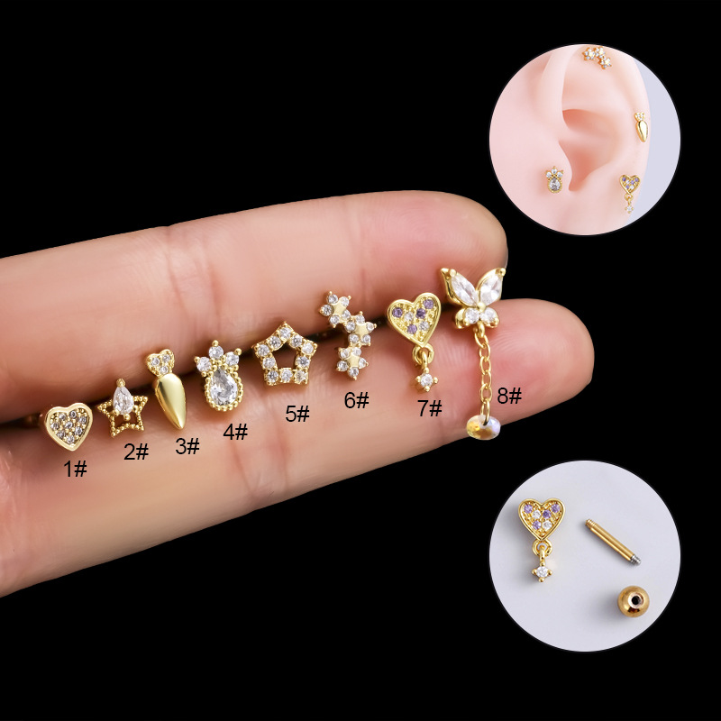 Zircon Inlay Material 1 Piece 316L Stainless Steel Copper Zircon Ear Cartilage Rings & Studs Heart Shape Waterproof Non Tarnish Surgical Steel Women'S