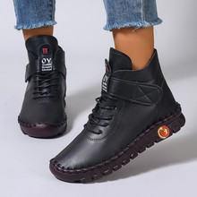 2025冬季女圆头人造PU女式棉鞋侧拉链中跟女鞋代理加盟透气保暖