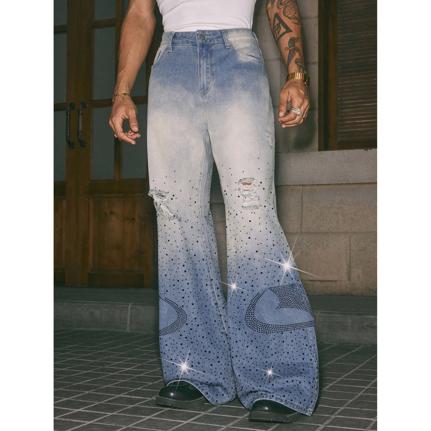 Pantalones vaqueros acampanados con pedrería para hombre, nueva colección primavera/verano, tiro medio, corte recto, color azul, algodón con ligero estiramiento, cierre de cremallera._voghion.com
