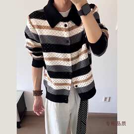 POLO衫翻领短袖针织衫男复古条纹镂空夏季冰丝商务T恤外贸跨批发