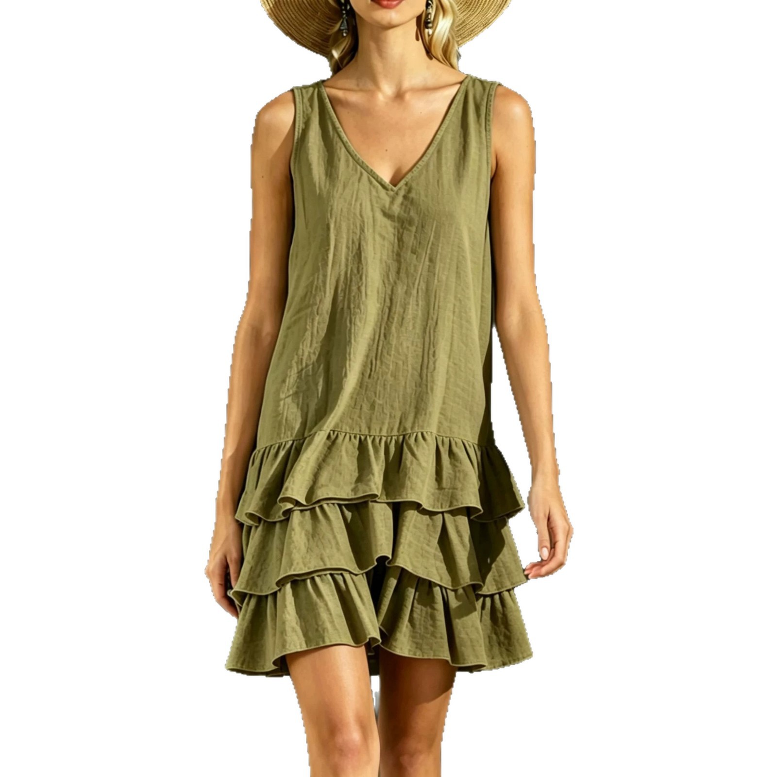 European and American Best-Selling Cross-Border Exclusive V-Neck Sleeveless Cotton-Linen Dress for Women, Summer Polyester