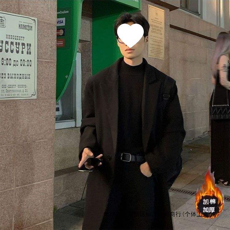 Korean style mid-length wool coat for men, over-the-knee trench coat, winter thick wool coat, trendy menswear.