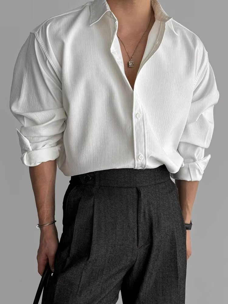 British Lapel Pit Strip Texture Long-sleeved Shirt Men's Casual Business Shirt Drape Light Ripe Style Versatile Top_viptrois.com