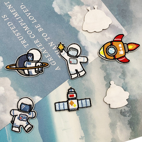 Cartoon Embroidered Fabric Patch Starship Astronaut Self-Adhesive Patch Fashion Down Jacket Handmade DIY Seamless Decorative Patch