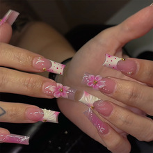 跨境爆款波点穿戴甲3D立体花朵贝壳法式手工点钻美甲穿戴甲片批发