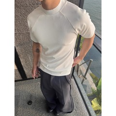 シンプルな小さなネックライン半袖メンズ夏アメリカンハーフタートルネックヘビーフィットネスショルダーTシャツテクスチャードスリム半袖