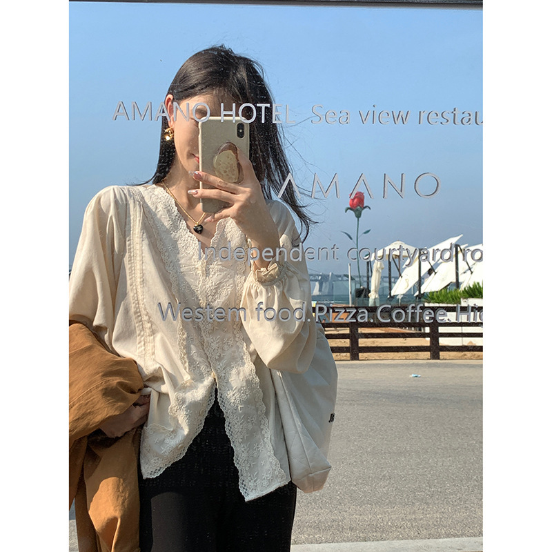 Baishuwang [Spring Clothing] French Tencel Shirt Women's Lace Lotus Leaf Sleeve Design V Neck High-Quality Shirt