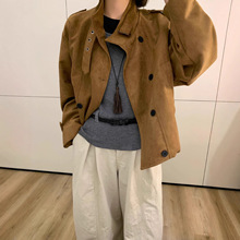 美式复古立领鹿皮绒夹克上衣单扣短款休闲外套女202早秋新款百搭