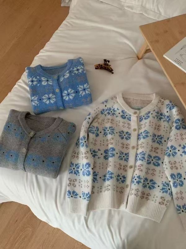 复古毛衣开衫女秋冬新款跨境宽松休闲外穿温柔短款针织毛衣外套女|undefined