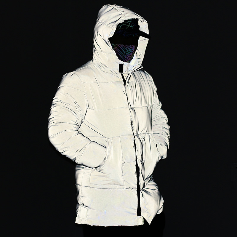 Pánské oblečení Nový zimní středně dlouhý reflexní bavlněný kabát Ztluštěný teplý reflexní bavlněný kabát Módní svítící kabát_voghion.com