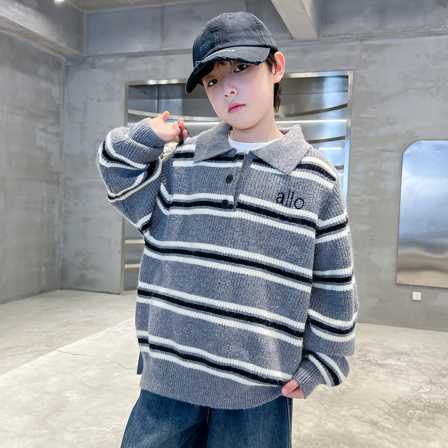 Jungen Polo Pullover Gestreift Winter Strickpullover Warm Kinder_voghion.com