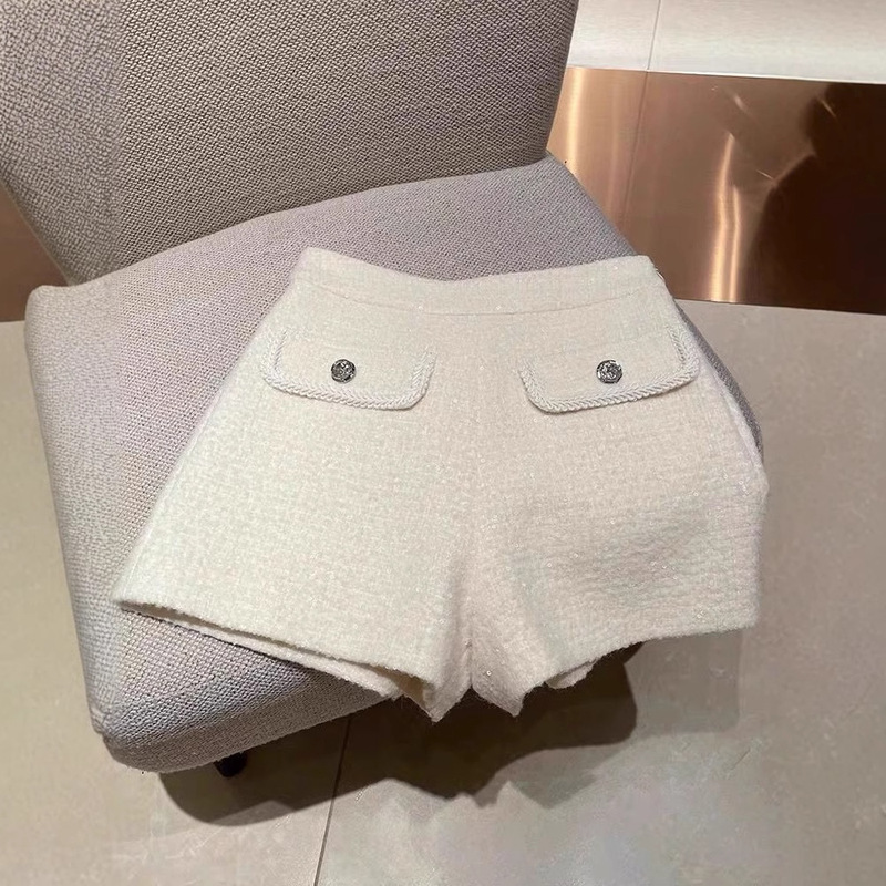 Woolen Small Fragrant Shorts for Women 2025 Autumn and Winter High-Waisted Wide-Leg Pants White Sequined Tweed Casual Shorts