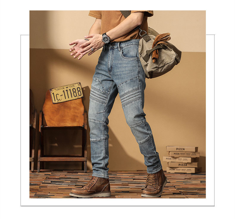 Nouveaux jeans de moto de marque de mode coréenne Slim Fit petits pieds haut de gamme décontracté polyvalent élastique denim pantalons pour hommes_voghion.com