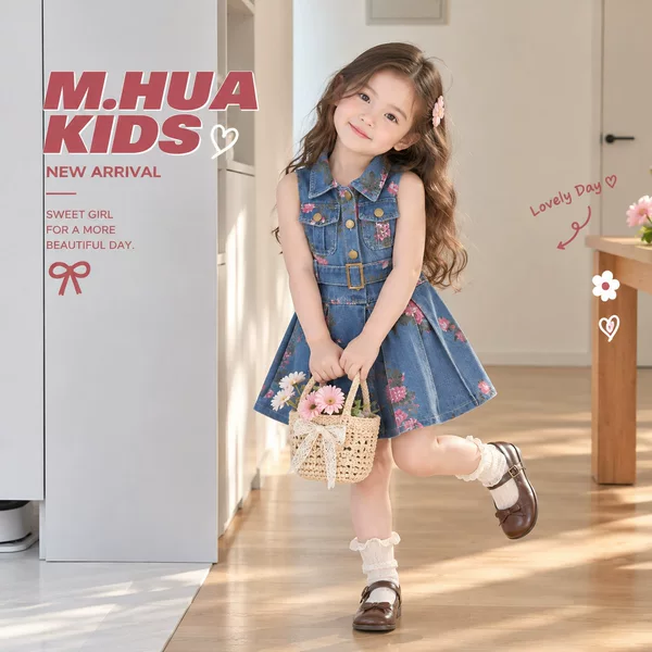 Girls' Summer Dress 26 New Styles Children's Sleeveless Printed Denim Dress with Pleated Collar Princess Dress Baby Summer Outfit