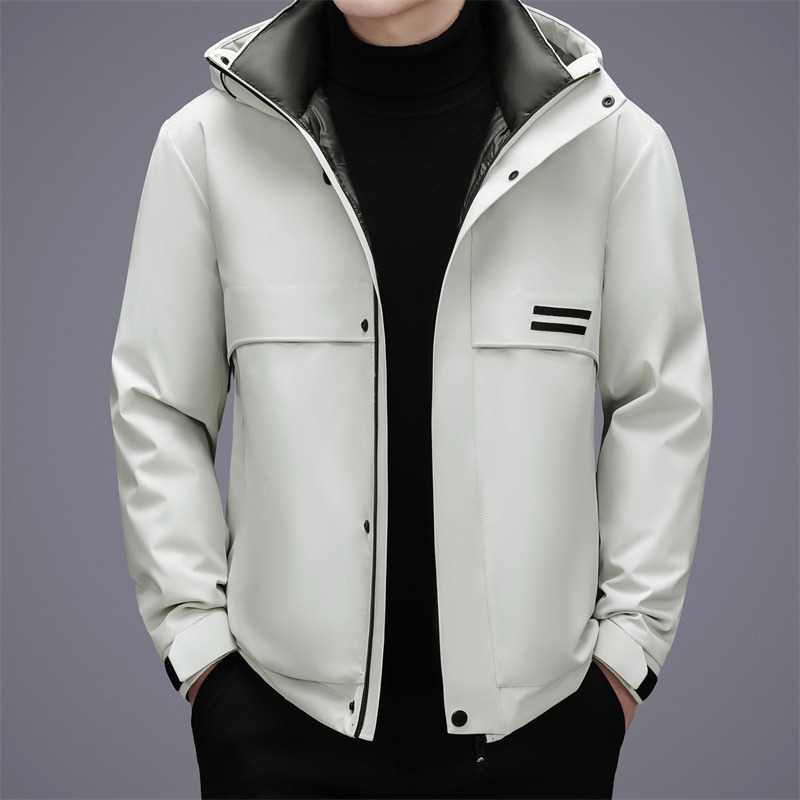 2025 New Men's Stand-Up Collar Hooded down Jacket, Fashionable 90% White Duck Down, Light Luxury, High-End, Simple, Thickened Coat