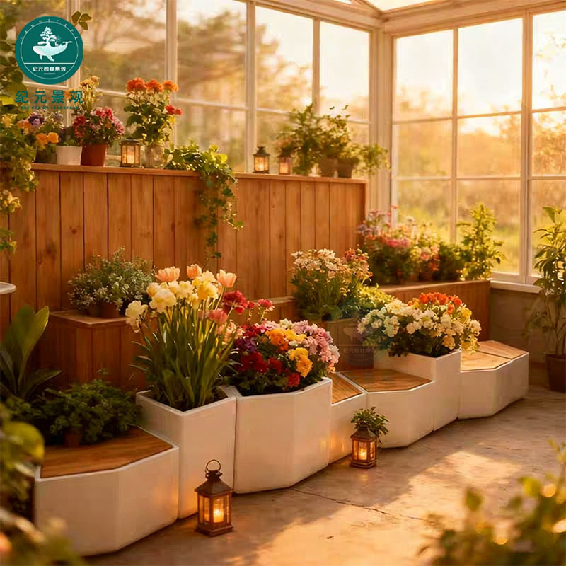 户外玻璃钢花盆防腐木坐凳组合商场休闲椅广场景观大花箱菱形花池