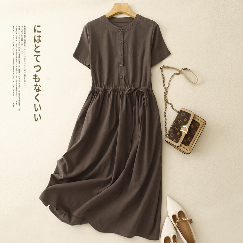 2025 Summer Linen Cotton Pure Color Dress Forest Style Retro Literary Short-Sleeved Round Neck Waist Mid-Length Skirt for Women