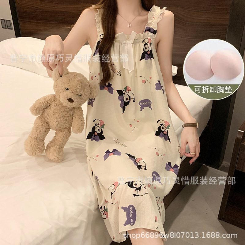 Pijama de cabina para mujeres polvo de cereza de verano algodón trenzado cojín de pecho pijama largo viento rojo de primavera y verano ropa para el hogar