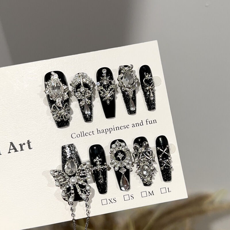 Purely Handmade Wearable Nails, High-End Cool Black Classy Manicure Pieces, Butterfly Tassels, Heavy-Duty Full-Diamond Fake Nail Patches Purely Handmade Wearable Nails, High-End Cool Black Classy Manicure Pieces, Butterfly Tassels, Heavy-Duty Full-Diamond Fake Nail Patches