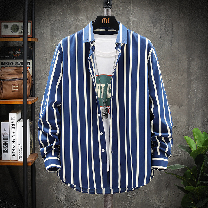 Foreign Trade Spring and Autumn Men's Fashion Striped Long-sleeved Shirt Men's Korean Fashionable Casual Shirt Handsome Shirt for Youth Foreign Trade Spring and Autumn Men's Fashion Striped Long-sleeved Shirt Men's Korean Fashionable Casual Shirt Handsome Shirt for Youth